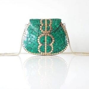Elegant Ramla Porte-Moi Green And Gold Handmade Mosaic Clutch